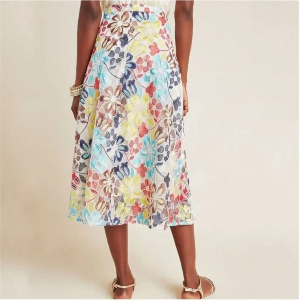 Eva Franco Anthropologie Women's Colorful Floral Embroidered Midi Skirt Size 10